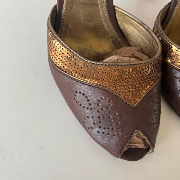 Prada Vintage Brown gold Sequin PeepToe Ankle strap Heels Sz 38 - Picture 5 of 9